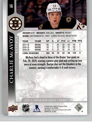 2020-21 Gornja paluba serija 116 Charlie McAvoy Boston Bruins Hockey Card