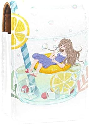Mini kozmetička torba s ogledalom, torbica s kvačilom, futrola za ruž od umjetne kože, crtić djevojka na ljetnom odmoru s limunovim