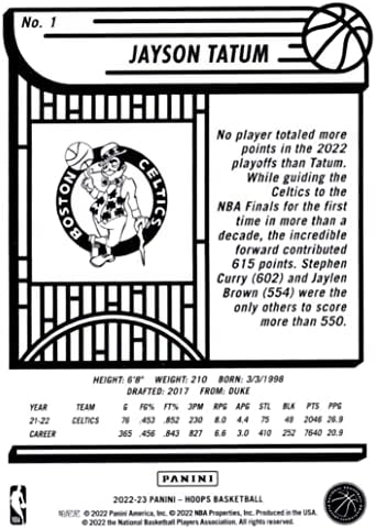 Jayson Tatum 2022 2023 Hoops košarkaška serija metvica br. 1 prikazujući ga u svom bijelom boston celtics dres