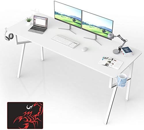 Ergonomski računalni stol, 63-inčni veliki radni stol za kućni ured, dugi radni stol s podlogom za miša, držač za čaše za slušalice,