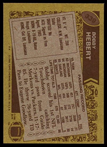 1986 Topps 339 Bobby Hebert Ex ++ izvrsno ++ RC New Orleans Saints nogomet j2m