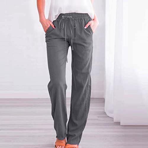 HCJKDU Womens Plus hlače Elastični struk Duge hlače s džepovima Čvrsta boja pamučna lane Ravna noga