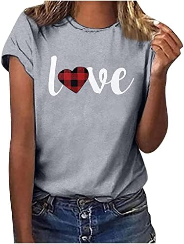 Karirane majice s grafičkim uzorkom srca i ljubavi topovi za žene Slatki ispis slova majica kratkih rukava za Valentinovo ležerna bluza