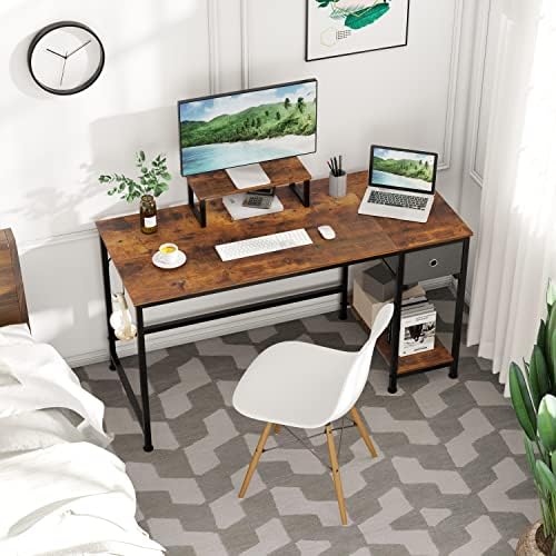 Računalni stol s ladicom i postoljem za monitor, radni stolovi za kućni ured od 47 inča, drveni stol u jednostavnom industrijskom stilu
