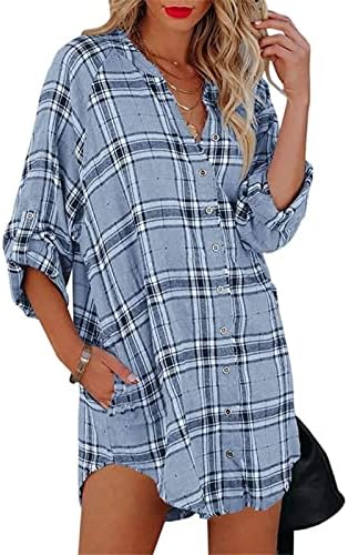 Klasična haljina od košulje od karirane košulje za žene labave fit roll-up dugih gumba s dugim rukavima dolje s džepovima s džepovima
