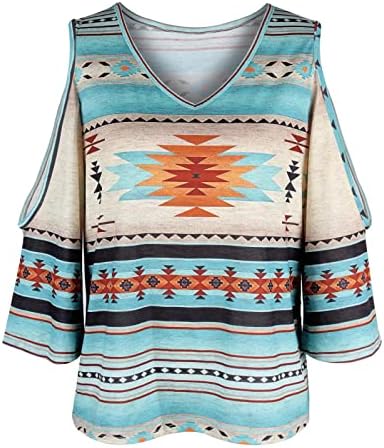 Vintage Aztec Graphic Tee majica za žene 3/4 rukava hladno rame batwing v vrat tunike vrhovi egzotični dolman vrhovi bluza