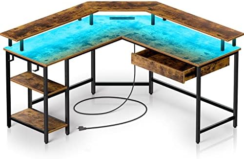 Računalni stol s ladicom, 55-inčni reverzibilni računalni kutni stol za igre u obliku slova u s LED trakom, utičnicama i postoljem