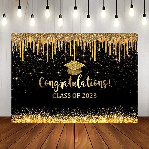 Mocsicka crno -zlatna pozadina diplomiranja čestita Klasa 2023 Fotografska pozadina vinil 2023 Dekoracije za diplomiranje čestitke