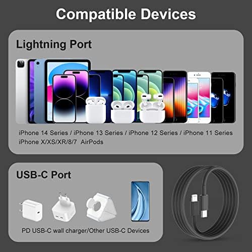 3 Pakiranja za Apple iPhone 14 13 12 Kabel za brzi punjač crna 6 metara [certificiran od strane Apple MFi], USB kabel Type C do Lightning