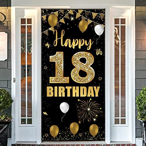 Pozadina za transparentna vrata od 18. rođendana, sretni ukrasi za 18. rođendan za djevojčice crno zlato, 18 -godišnja rođendanska