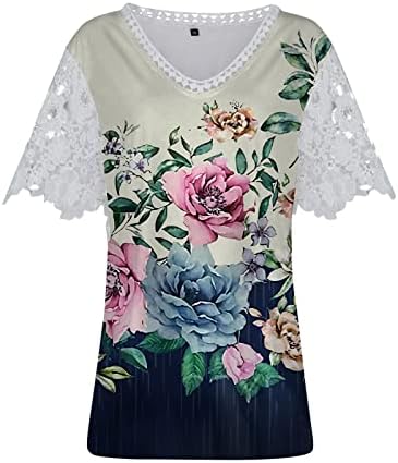 Ženski tisak boho ljeto v vratni vrhovi majice izrezane čipkaste plaže kratkih rukava casual bluze pulover majice majice