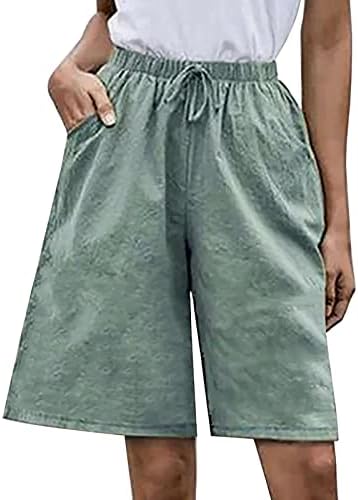 Ljetne osnovne bermudske kratke hlače za ženske pamučne lanene elastične kratke hlače casual labave fit dužine koljena s džepovima