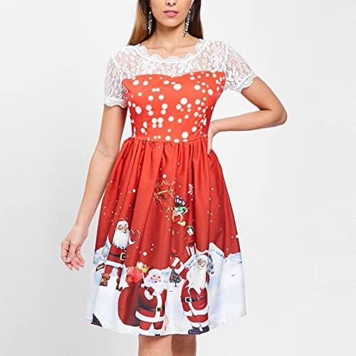 Elegantna cvjetna čipkasta haljina za žene Xmas Djed Mraz kratke rukave tiskane haljine vintage stil a-line zabave