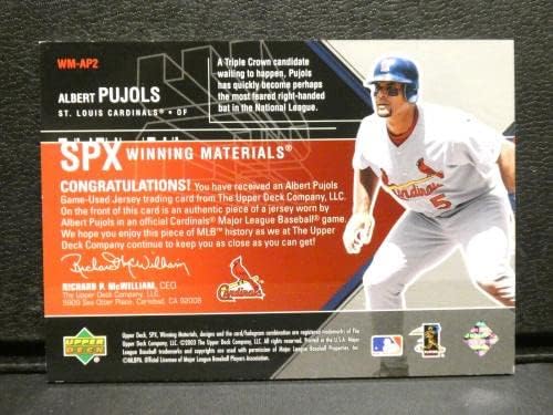 2003. Gornja paluba SPX Pobjednički materijali Albert Pujols Igra Upotrijebljeni Jersey 074/175 - MLB igra korištena dresova