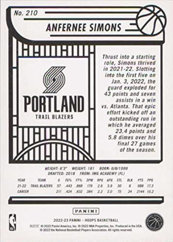 2022-23 Panini NBA obruči 210 Anfernee Simons NM-MT Portland Trail Blazers košarkaška trgovačka karta NBA