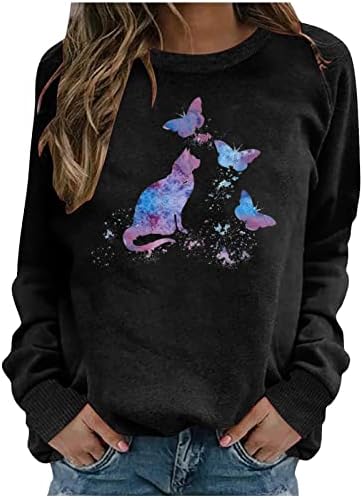 Ženska majica sa slatkim printom mačke i leptira ležerna zabavna novost grafički lagani pulover s dugim rukavima ljubitelj mačaka