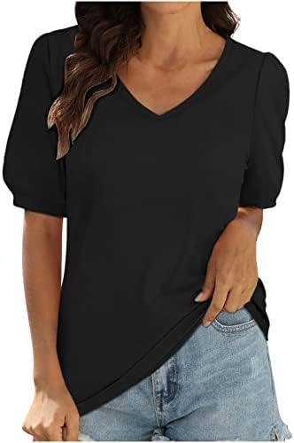 Gornja košulja za žene jesen Ljetni kratki puff rukavac 2023 duboki v vrat pamuk osnovni ležerni labav fit opuštena fit bluza