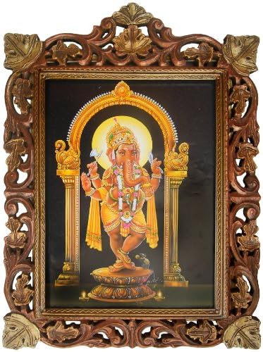 Lord Ganesha u položaju stojeći i plesa, slikanje plakata u drvenim zanatskim okvirima art zanatske rukotvorine Umjetničke zanatske