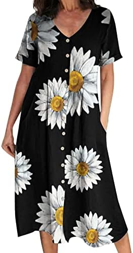 Žensko ljeto casual cvjetni gumb za ispis V vrat kratki rukavi pamučna lanena haljina