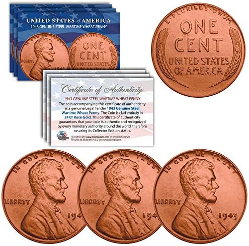 1943. Drugog svjetskog čelika Lincoln pšenica Penny Coin Originalna ruža zlata pozlaćena CoA - Qty od 3