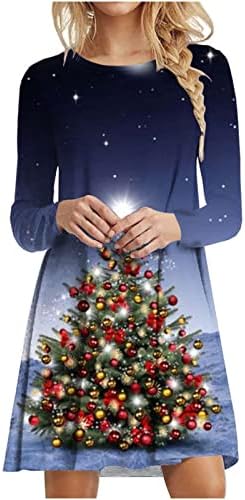 Ženska Midi haljina majica Božićni 3-inčni ispis dugih rukava 92-inčni Rockabilli Svečana plaža casual sarafan pulover haljina
