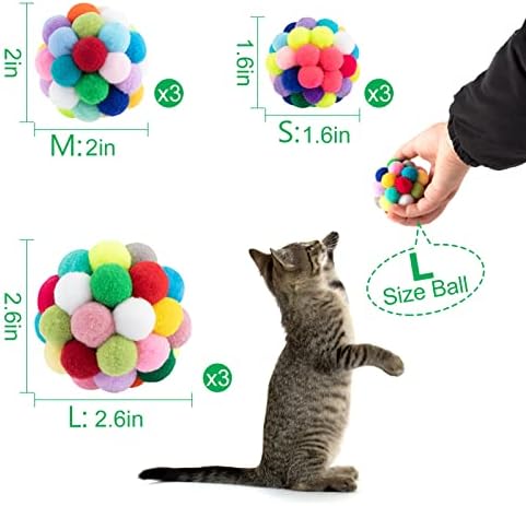 9 kom igračke loptice za mačke sa zvonom-okrugle pahuljaste kuglice s mačjim pompom ugrađeno zvono šarena lopta 3 različite veličine