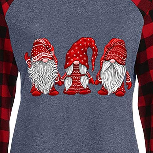 Cmofter božićne ženske majice vrhovi modni o-vrat dugi karirani rukavi skandinavski božićni gnome print casual bluza vrhovi