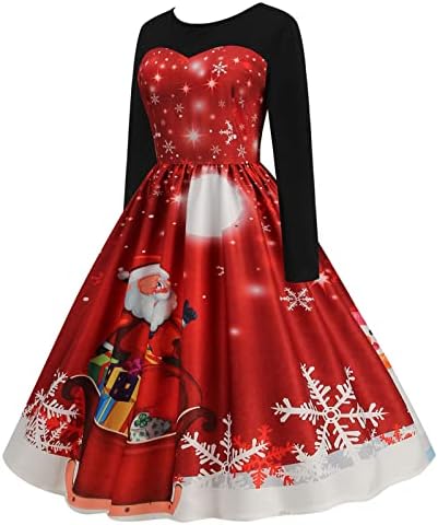 Božićna ženska klasična haljina za čaj s dugim rukavima V haljina za vrat s koktelom za zabavu za remen