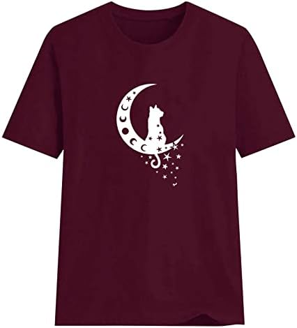 Žene 2023 Ljetne majice s kratkim rukavima ležerna okrugla vrata pulover Mjesec i mačka za tiskanu majicu majice