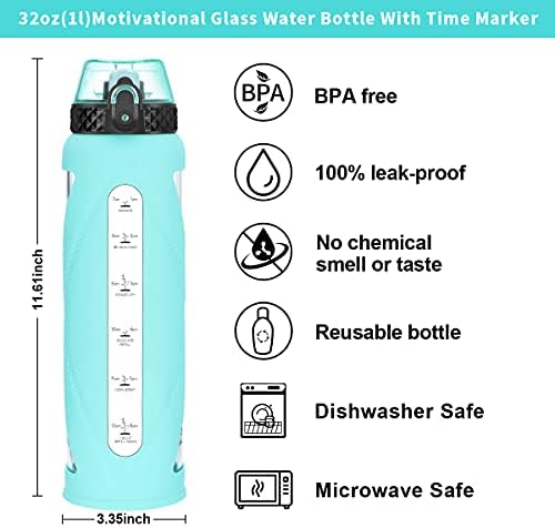 32oz staklene boce s vodom sa slamkom i poklopcem za okretanje, motivacijske boce s vodom s podsjetnikom za označavanje vremena i silikonskim