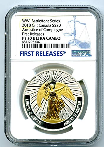 2018. Kanada Gilt Silver Dollar Artistice of Compienge WWI Prvo izdanje 20 USD PF70 UCAM NGC