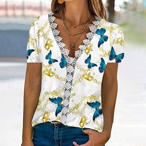 Majica djevojke čipka s kratkim rukavima pamuk duboki v vrat cvjetni grafički labavi fit lounge bluza majica za žene PR