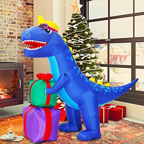 Dekalare 5ft dugačak božićni dinosaur ugrađeni LED lagani vrtni ukras Bloku božićni dinosaur koji drži poklon za blagdanski zatvoreni/vanjski